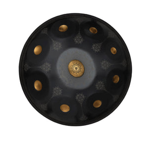 Open image in slideshow, Lighteme Royal Garden Handpan Drum, Available in 432 Hz and 440 Hz, Handmade Kurd Scale / Celtic Scale D Minor 22 Inch 9/10/12 Notes Featured High-end Nitride Steel Percussion Instrument - Gold-plated Sound Area, Laser engraved Mandala pattern
