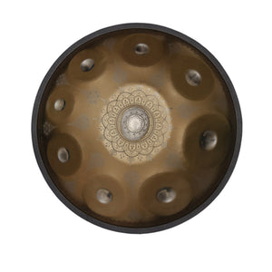 Open image in slideshow, Lighteme Royal Garden Handpan Drum, Available in 432 Hz and 440 Hz, Handmade Kurd Scale / Celtic Scale D Minor 22 Inch 9/10/12 Notes Featured High-end Stainless Steel Percussion Instrument - Gold-plated Sound Area, Laser engraved Mandala pattern.
