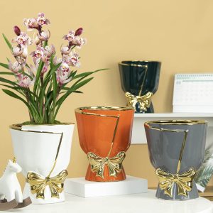 Lighteme Gold Edge Bow Ceramic Vase